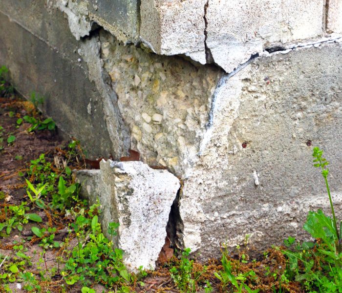 Crumbling concrete needing foundation crack repair in Bloomington